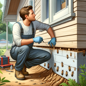 Dallas homeowner practicing termite prevention by inspecting foundation