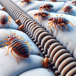 Close-up of bed bugs on a mattress seam