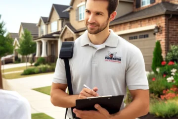 Professional Dallas exterminator shaking hands with a homeowner in front of a suburban house, ready to perform a pest inspection and provide expert pest control services.